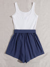 Button Front Colorblock Belted Combo Tank Romper
