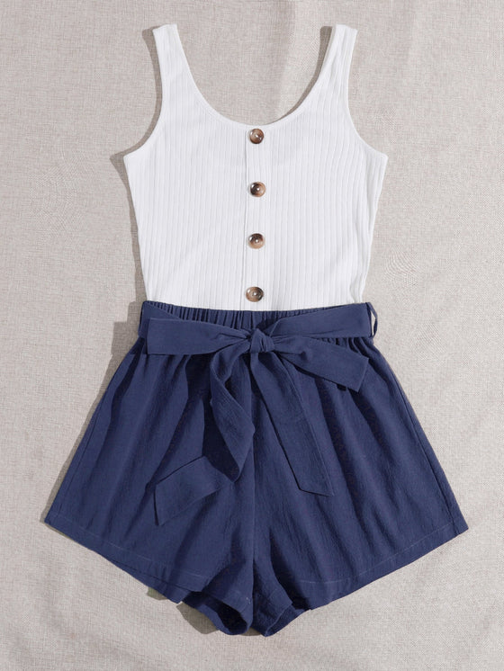 Button Front Colorblock Belted Combo Tank Romper