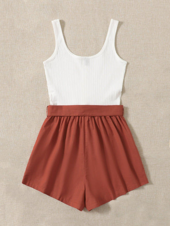 Button Front Colorblock Belted Combo Tank Romper