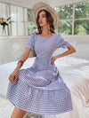 Gingham Puff Sleeve Ruffle Hem Smock Dress