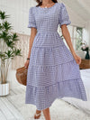 Gingham Puff Sleeve Ruffle Hem Smock Dress