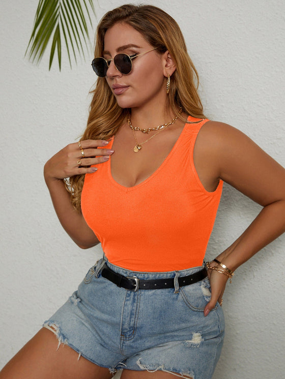 Plus Rib Knit Scoop Neck Solid Tank Top