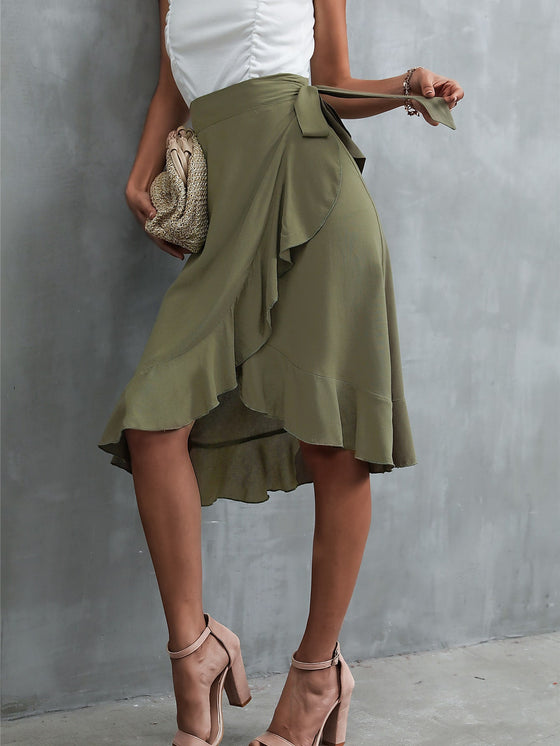 Ruffle Trim Wrap Tie Side Skirt