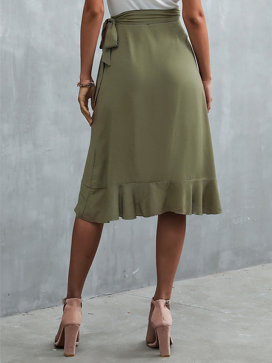 Ruffle Trim Wrap Tie Side Skirt