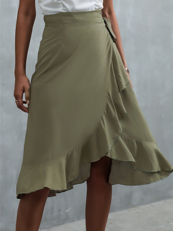 Ruffle Trim Wrap Tie Side Skirt