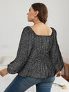 Plus Leopard Print Lantern Sleeve Shirred Peplum Blouse