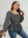 Plus Leopard Print Lantern Sleeve Shirred Peplum Blouse