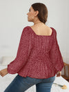 Plus Leopard Print Lantern Sleeve Shirred Peplum Blouse