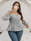 Plus Leopard Print Lantern Sleeve Shirred Peplum Blouse