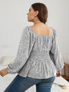 Plus Leopard Print Lantern Sleeve Shirred Peplum Blouse