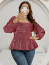 Plus Leopard Print Lantern Sleeve Shirred Peplum Blouse