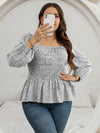 Plus Leopard Print Lantern Sleeve Shirred Peplum Blouse