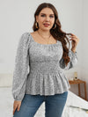 Plus Leopard Print Lantern Sleeve Shirred Peplum Blouse