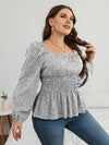 Plus Leopard Print Lantern Sleeve Shirred Peplum Blouse