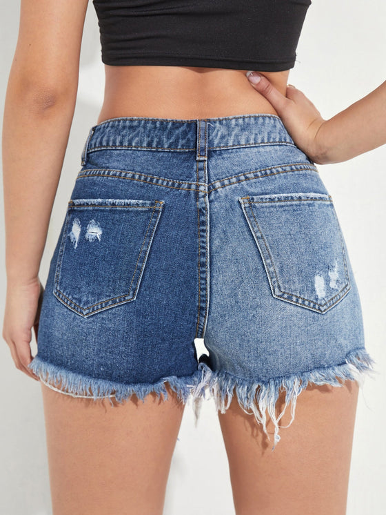 Colorblock Raw Hem Denim Shorts