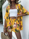 Tropical Print Drop Shoulder Blouse Tie Front Shorts