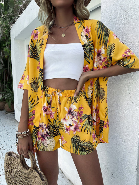 Tropical Print Drop Shoulder Blouse Tie Front Shorts