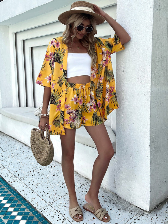 Tropical Print Drop Shoulder Blouse Tie Front Shorts