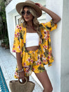 Tropical Print Drop Shoulder Blouse Tie Front Shorts