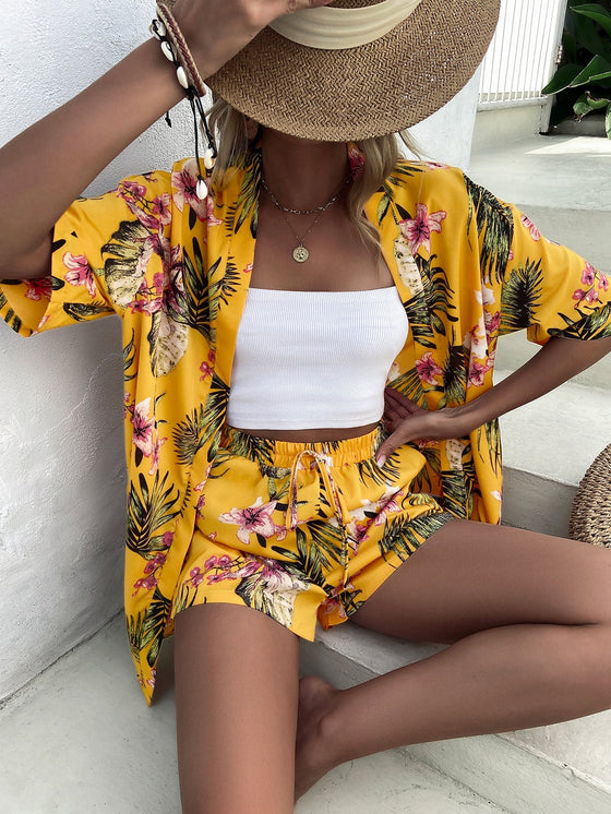 Tropical Print Drop Shoulder Blouse Tie Front Shorts
