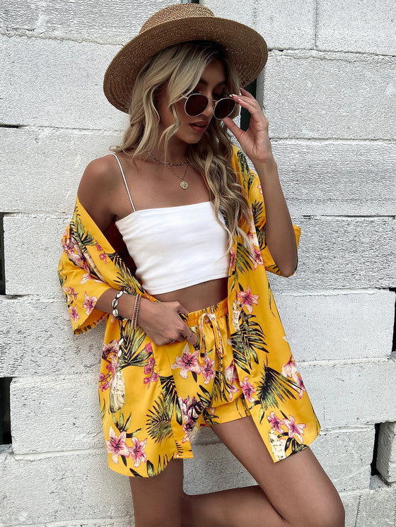 Tropical Print Drop Shoulder Blouse Tie Front Shorts