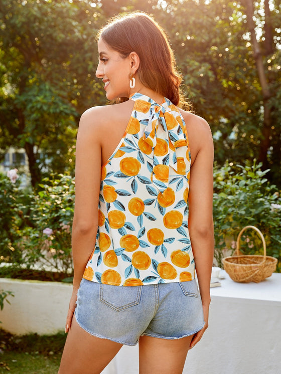 Peach Print Tie Back Mock Neck Top