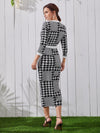 Houndstooth Split Hem Belted Dress