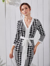 Houndstooth Split Hem Belted Dress