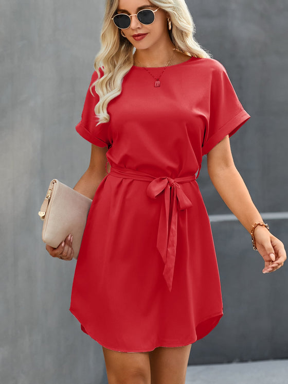 Keyhole Back Batwing Sleeve Belted Dress
