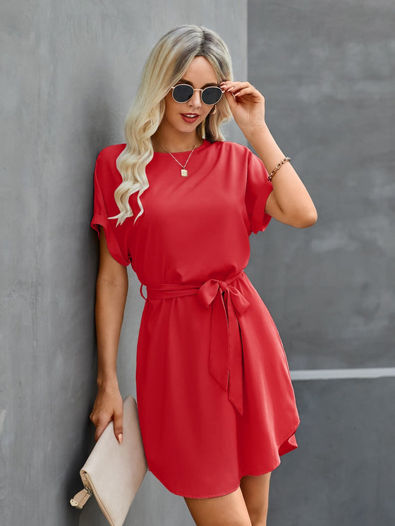 Keyhole Back Batwing Sleeve Belted Dress