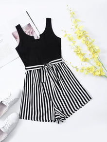 Striped Notched Neckline Belted Romper
