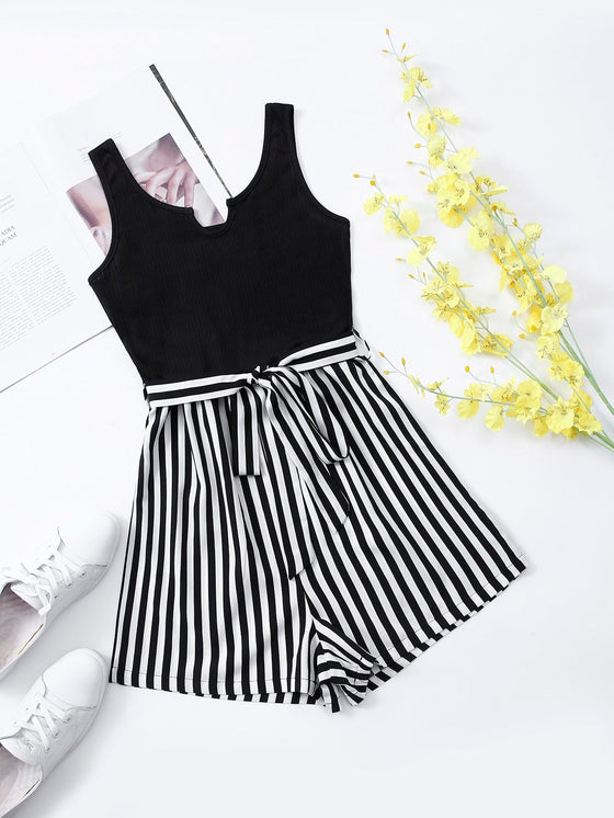 Striped Notched Neckline Belted Romper
