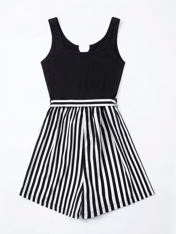 Striped Notched Neckline Belted Romper