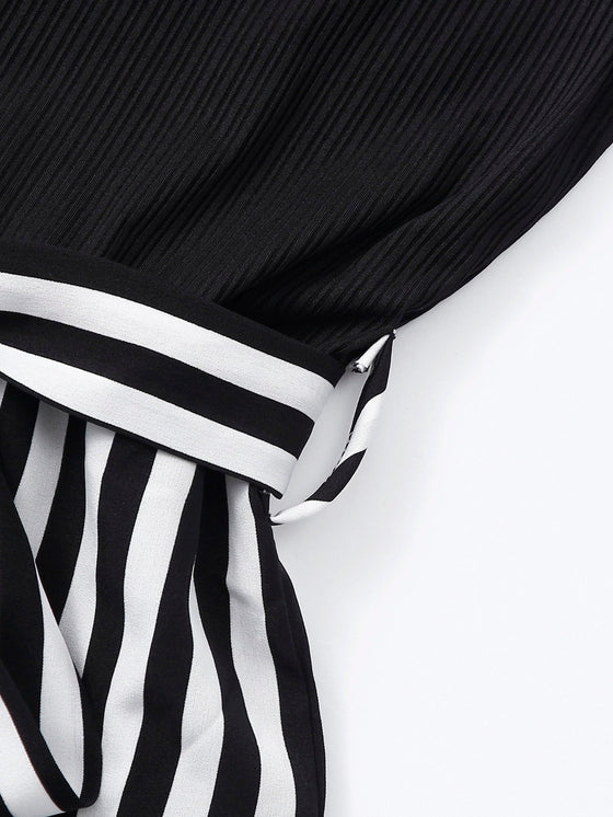 Striped Notched Neckline Belted Romper
