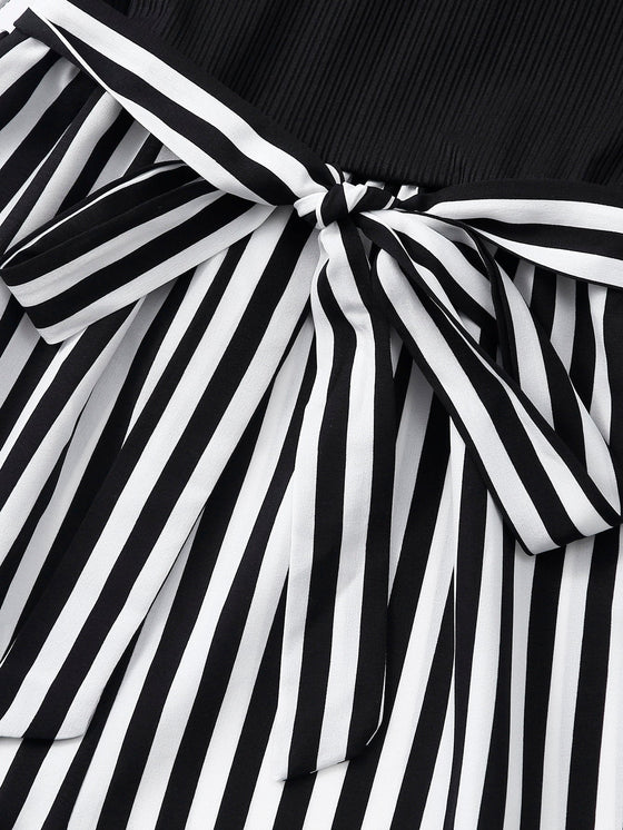 Striped Notched Neckline Belted Romper