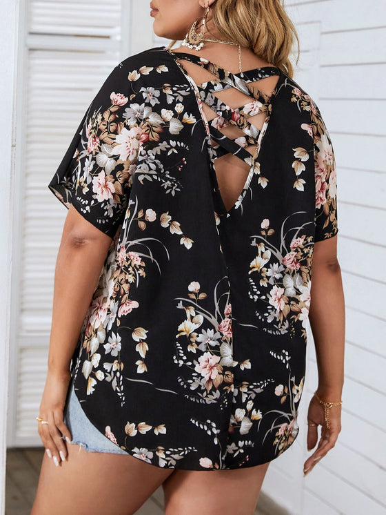 Plus Floral Print Crisscross Batwing Sleeve Blouse