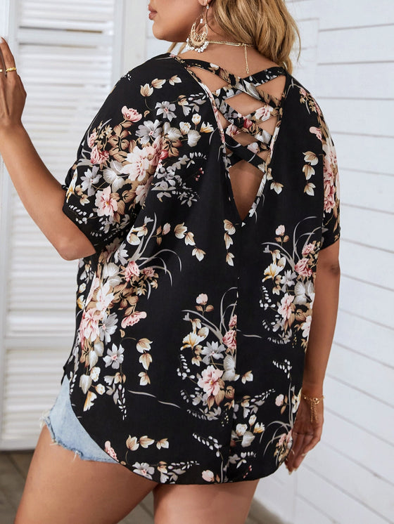 Plus Floral Print Crisscross Batwing Sleeve Blouse