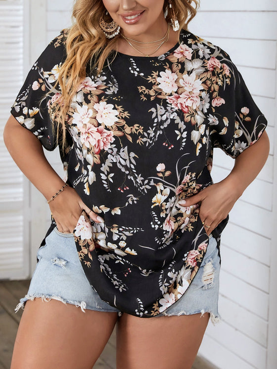 Plus Floral Print Crisscross Batwing Sleeve Blouse