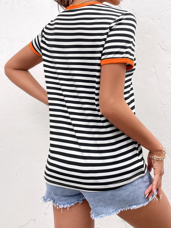 Striped Print Contrast Pocket Ringer Tee