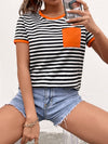 Striped Print Contrast Pocket Ringer Tee