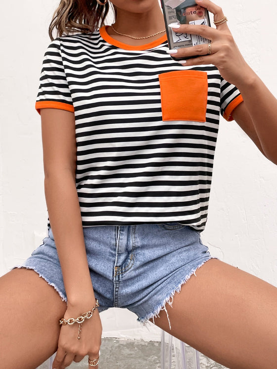 Striped Print Contrast Pocket Ringer Tee