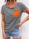 Striped Print Contrast Pocket Ringer Tee