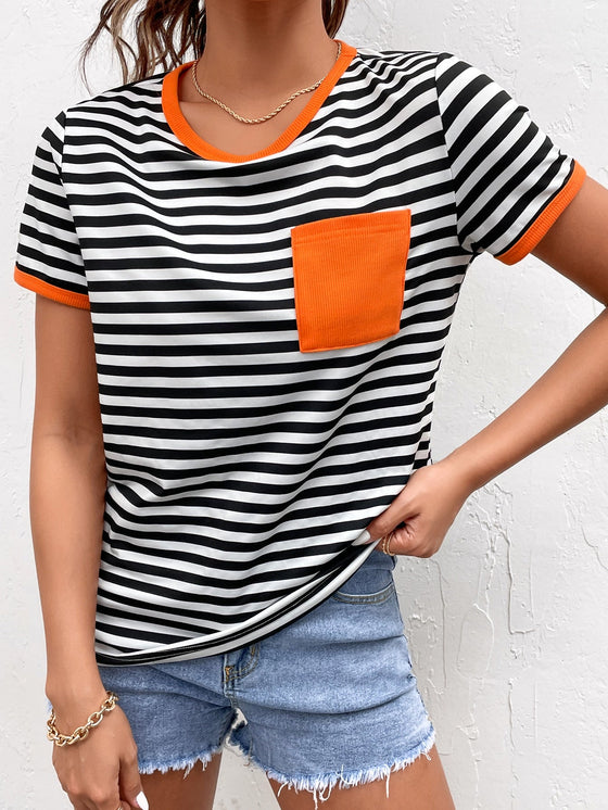 Striped Print Contrast Pocket Ringer Tee