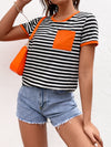 Striped Print Contrast Pocket Ringer Tee