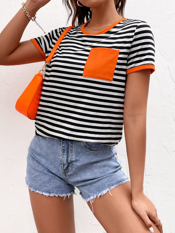 Striped Print Contrast Pocket Ringer Tee