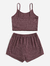Solid Button Front Lettuce Trim Cami Top Shorts Lounge Set