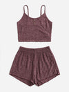 Solid Button Front Lettuce Trim Cami Top Shorts Lounge Set