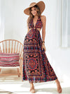 Allover Print O ring Ruched Cut Out Waist Tie Backless Dress