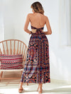 Allover Print O ring Ruched Cut Out Waist Tie Backless Dress