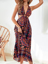 Allover Print O ring Ruched Cut Out Waist Tie Backless Dress